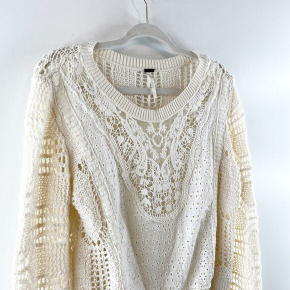 Free People Cotton Crochet Long Sleeve Crewneck Sweater Ivory Large - Picture 6 of 10